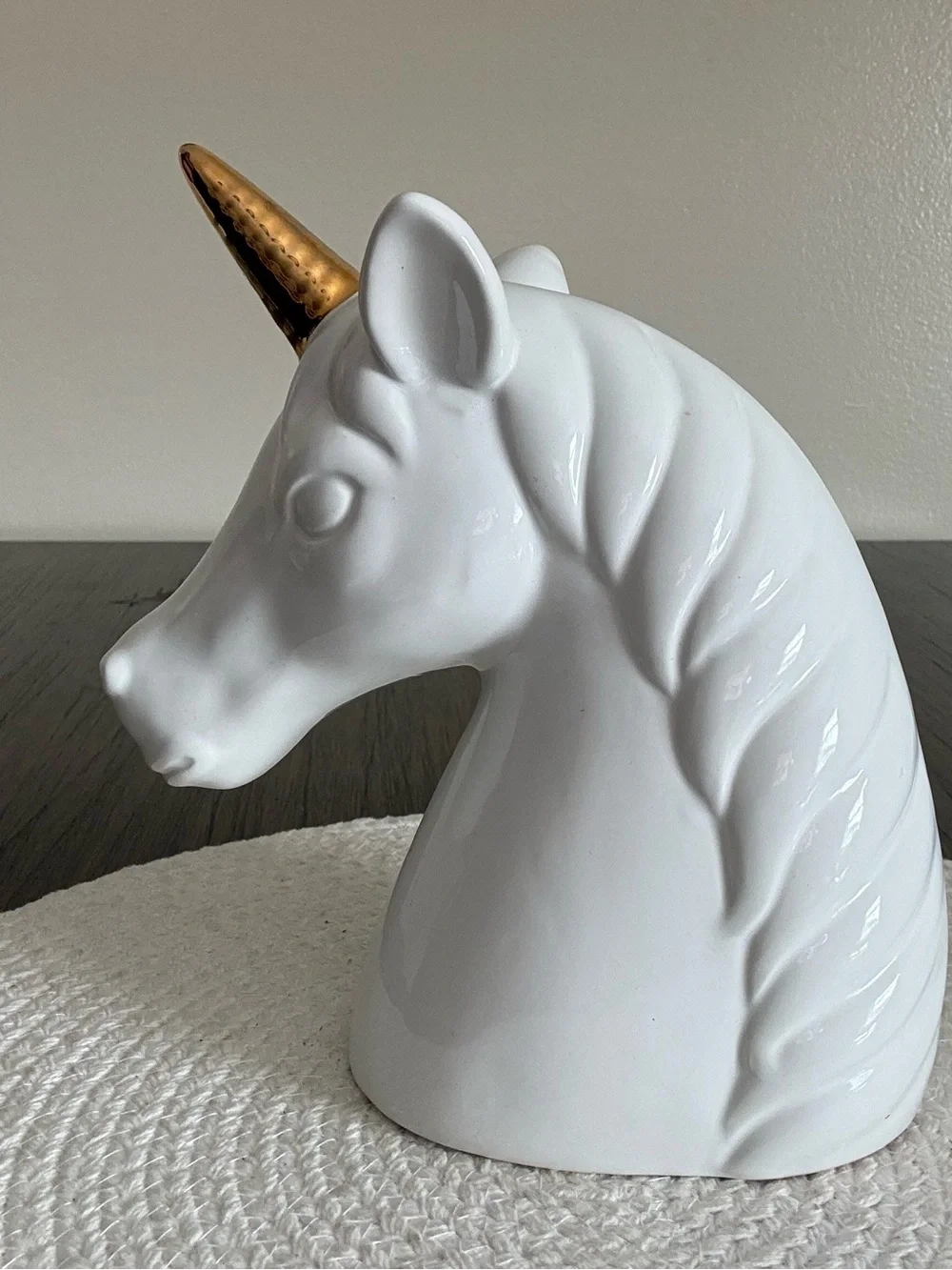 White Ceramic Unicorn Bank Bust with Gold Horn